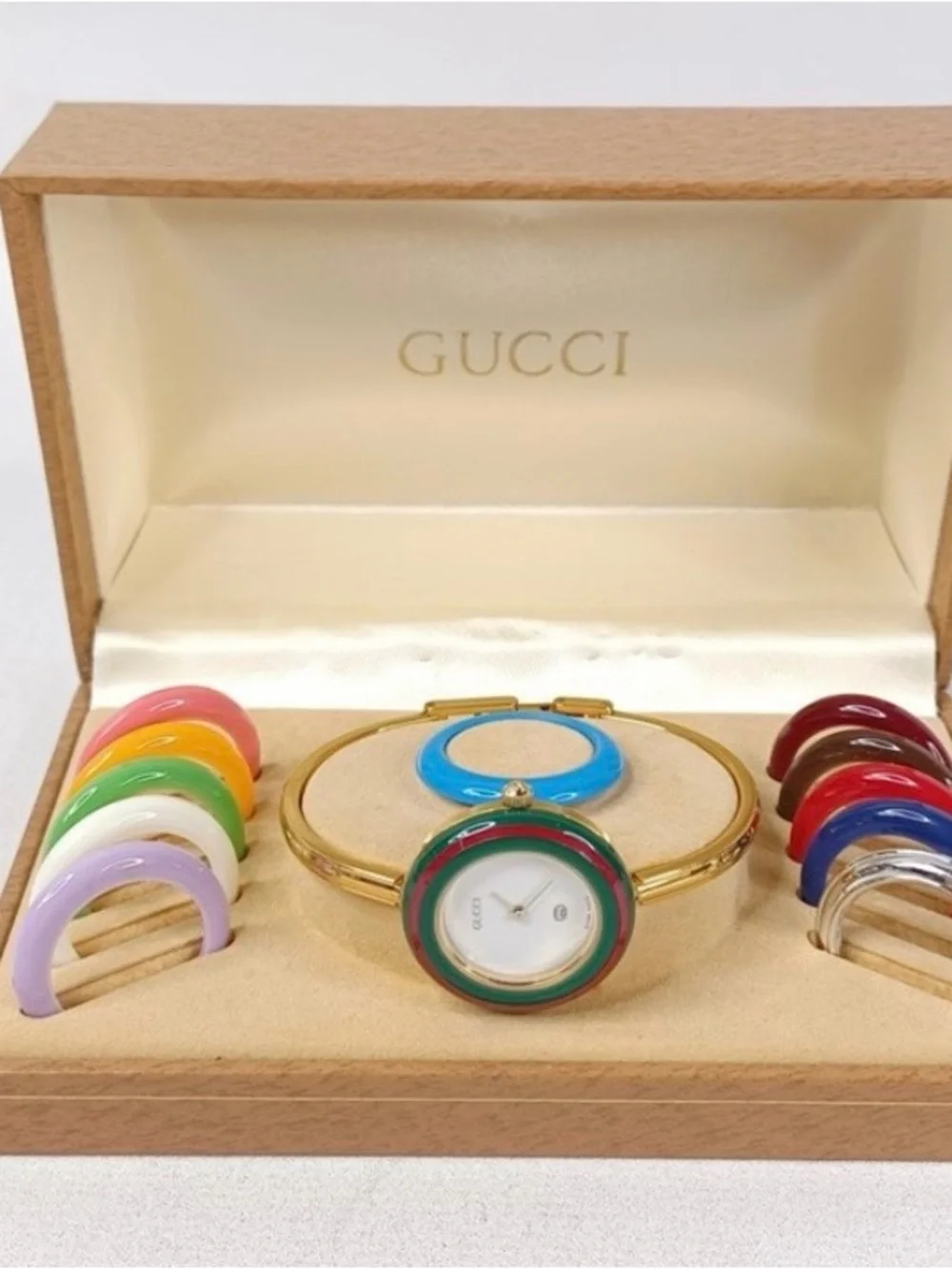Gucci Gold Bangle Watch with Green and Red Bezel